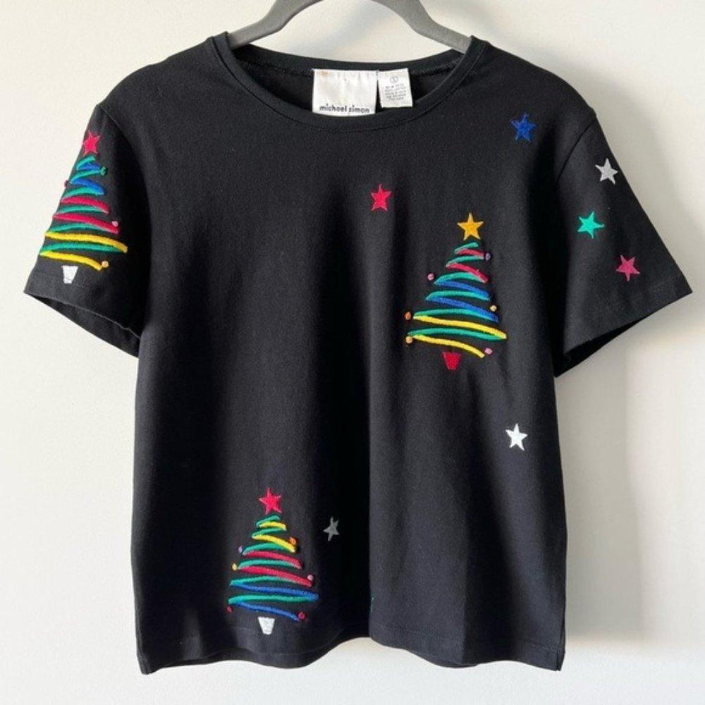 Vintage Michael Simon Christmas Tree Holiday T-shirt Tee Top A5